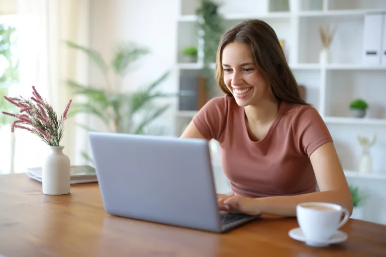 Cum faci rost de bani, atunci când ai nevoie? 15 femeie tanara zambind in fata unui laptop